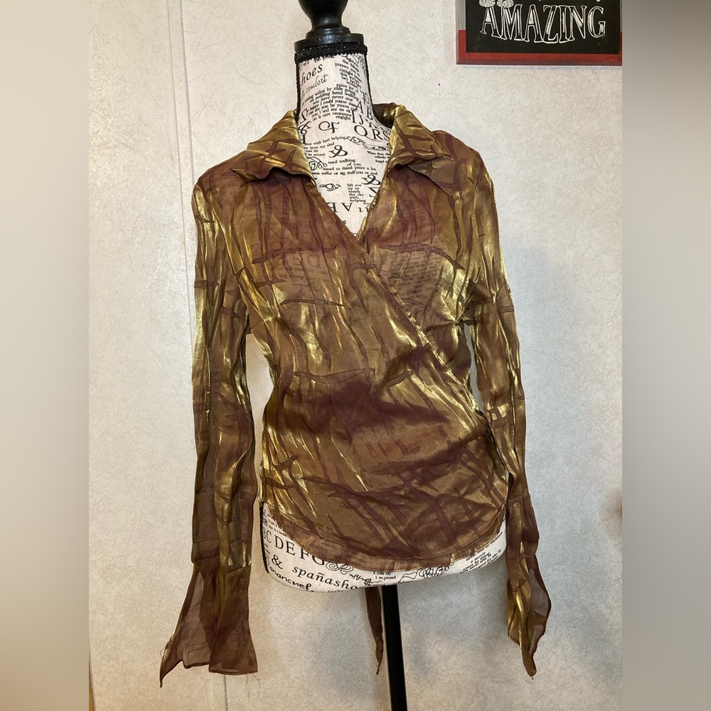 Vintage Fashion Bug Metallic Brown and Gold Wrap-Style Top size: XL